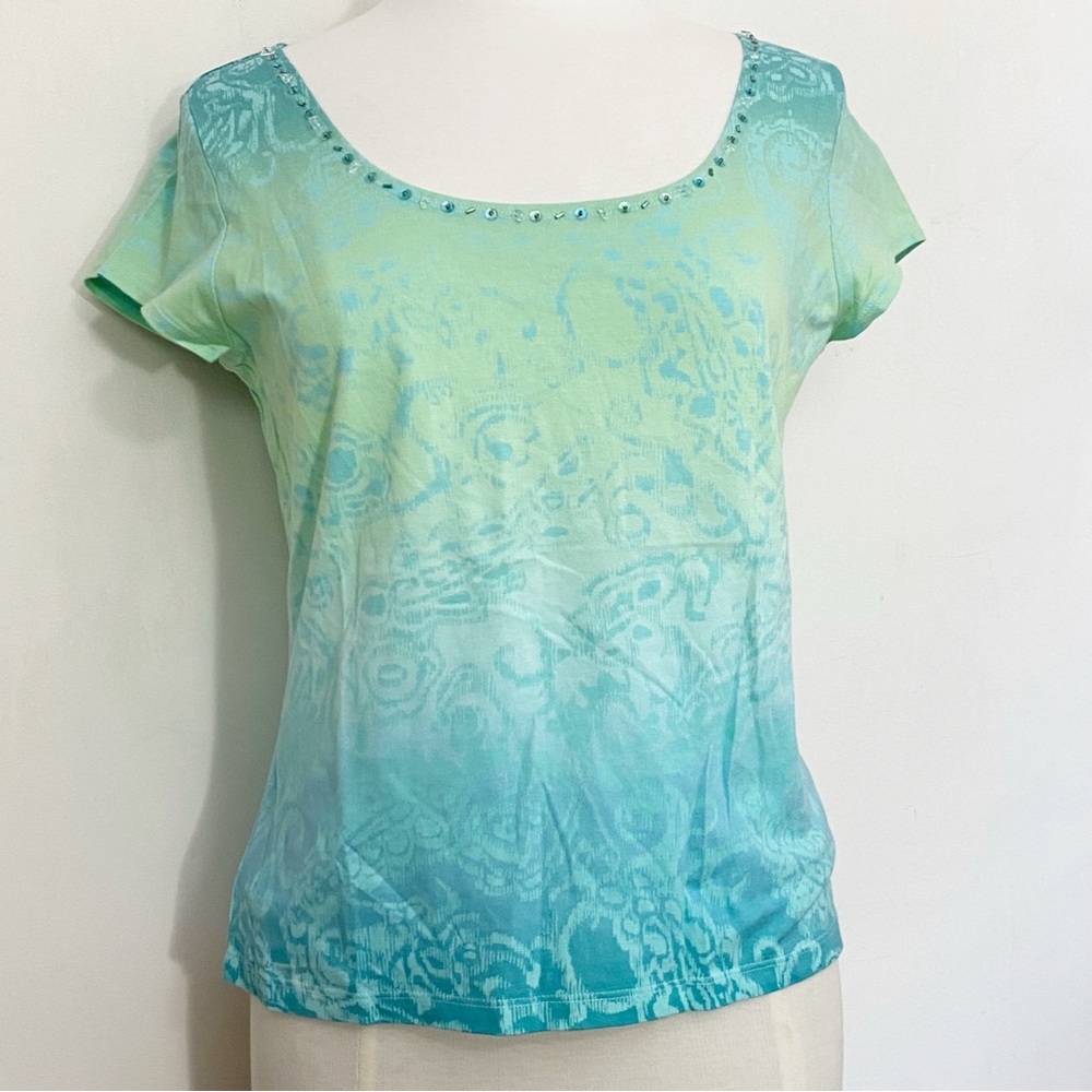 JH Collectables Beaded Neckline Gradient Blue and Green Women's Prnt Top M